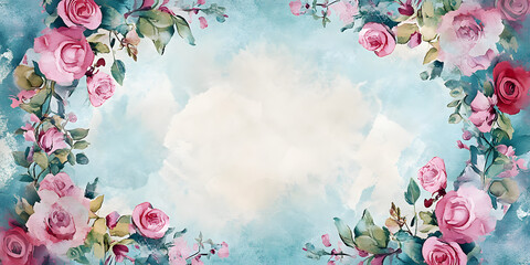 Alice in Wonderland themed watercolor floral frame on grunge diamond Victorian background, watercolor, floral