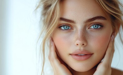 Naklejka premium A young woman with freckles and blue eyes looks at the camera with a soft, natural makeup.