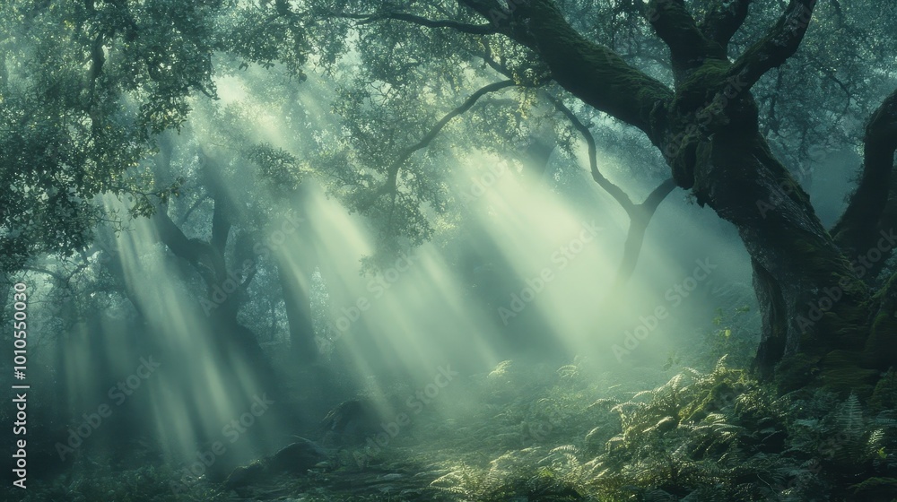 Poster a serene forest scene with beams of light filtering through trees and lush vegetation.