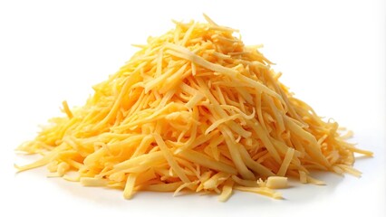 Fototapeta premium Fluffy pile of shredded cheddar cheese isolated on white background