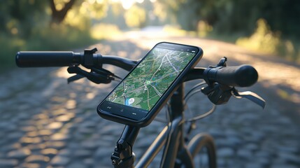 Smartphone showing gps navigation app fixed on a bicycle handlebar