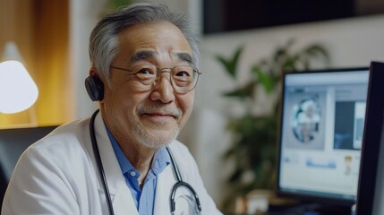 Elderly male doctor smiling at his computer screen