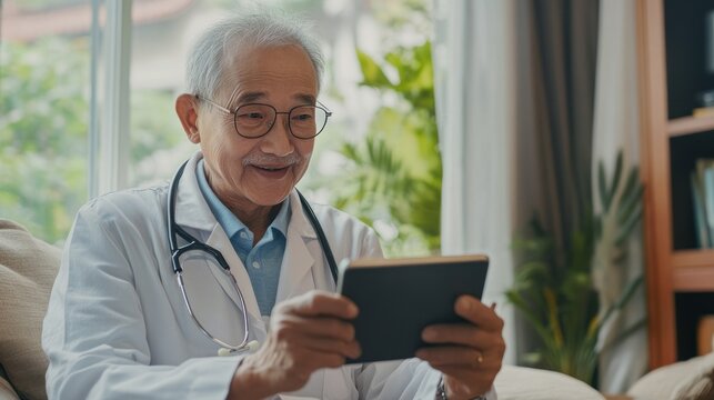Elderly doctor using tablet for virtual health sessions