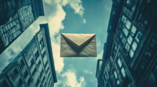 A Single Envelope Floating Against a Blue Sky with Buildings in the Foreground