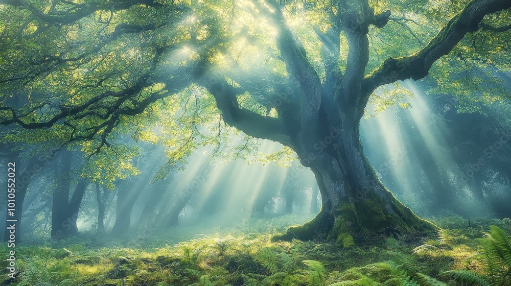 Poster a serene forest scene with sunlight filtering through trees and lush greenery.