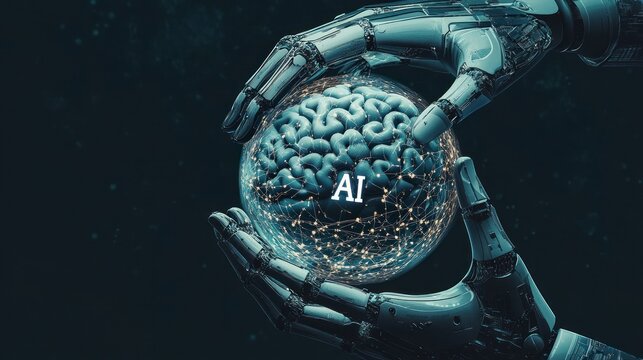 AI Sphere Cradled by Metallic Hands, Tech Innovation