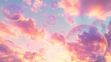 Obraz premium Surreal digital art of floating bubbles in a dreamy pastel sky with clouds at sunset