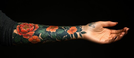 A woman's arm with a colorful floral tattoo reaching out with an open hand.