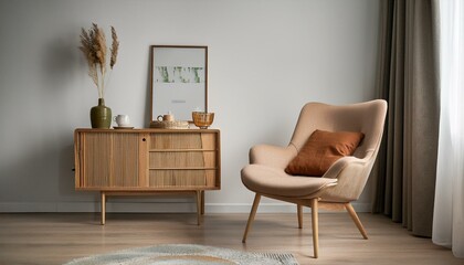 stylish compositon of modern living room interior with frotte armchair, wooden commode