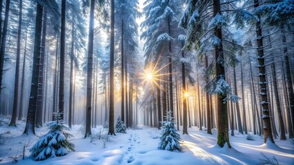 Foggy forest with snow-covered trees and hidden sun created Wide-Angle
