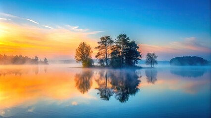 Fototapeta premium Foggy sunrise at a lake Island and trees in blue and orange light
