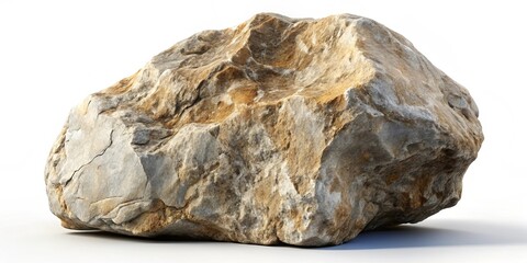 Fototapeta premium A weathered, gray and tan rock with a rough, uneven surface, isolated on a white background.