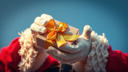 Santa Claus holding a wrapped Christmas present with gold ribbon against a blue sky