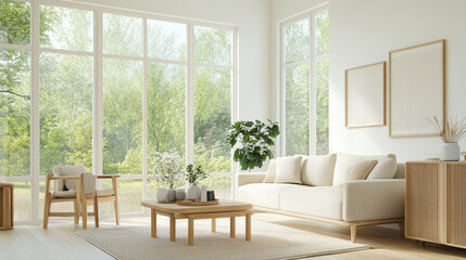 Obraz premium A bright and airy living room features large windows that invite natural light, showcasing serene view of greenery outside. minimalist decor includes cozy sofa, wooden furniture, and decorative plants
