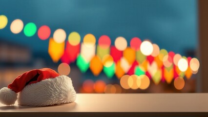 Red velvet Santa hat on clean surface with colorful bokeh lights and space for text