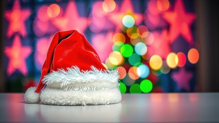 Santa hat slightly tilted with festive bokeh lights in red, green, and yellow, and space for text