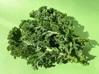 Fresh curly kale leaves on a green background.  Arranged in a loose pile with shadow. Creative layout made of kale closeup. Food concept.