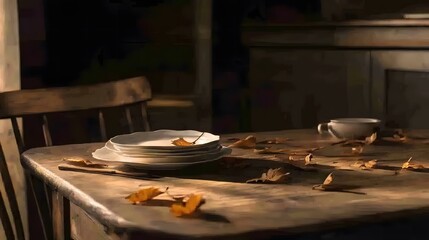 Thanksgiving dinner preparation with autumn leaves on a rustic wooden table, bathed in warm light creating a cozy and festive atmosphere