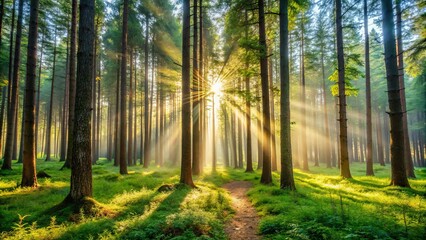 Sunlight Streaks Through the Canopy of a Verdant Forest, Illuminating a Path Leading Into the Heart of the Woods