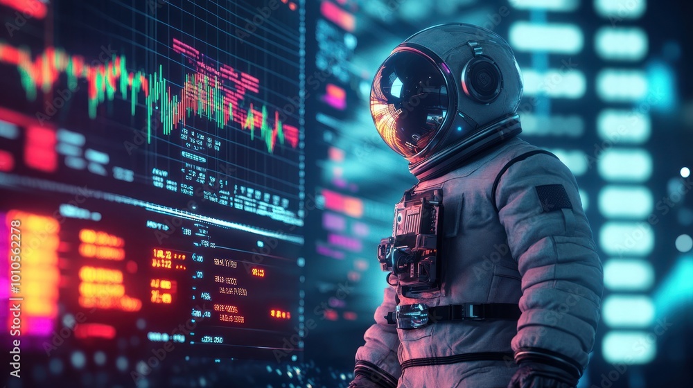 Poster astronaut in suit amidst digital data and graphs