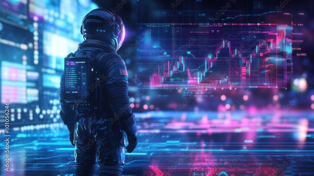 Poster astronaut analyzing futuristic digital graphs display