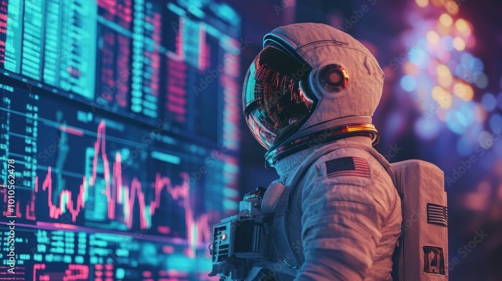 Poster astronaut exploring data on advanced digital display