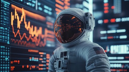 Space explorer observes vibrant data on virtual screen