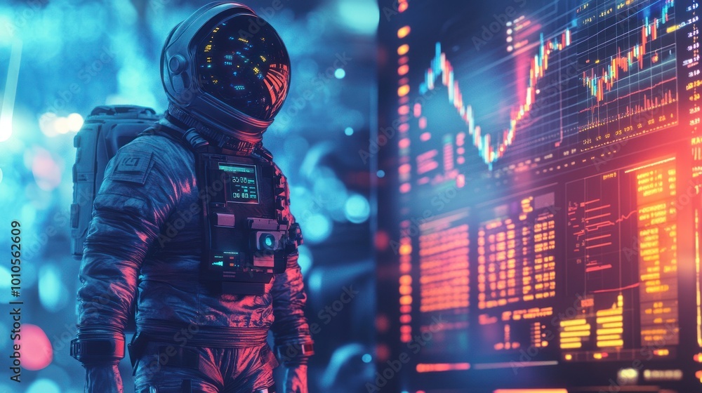 Poster astronaut analyzing dynamic financial graph display