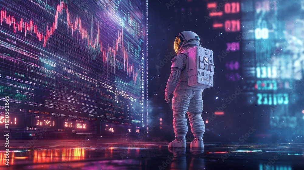Poster astro-trader analyzing colorful stock data screens.