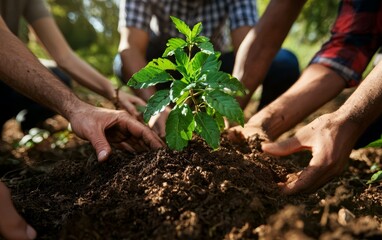 Diverse hands nurturing a small plant, representing growth, unity, and collective environmental responsibility