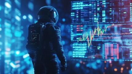 Space explorer viewing stock exchange graphics screen.