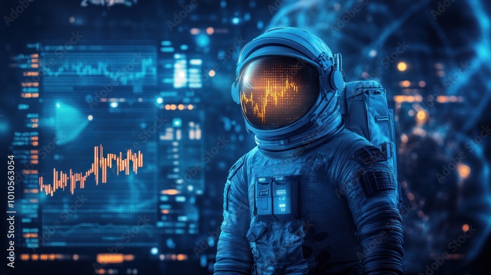 Poster spacesuit-clad figure analyzes data in space