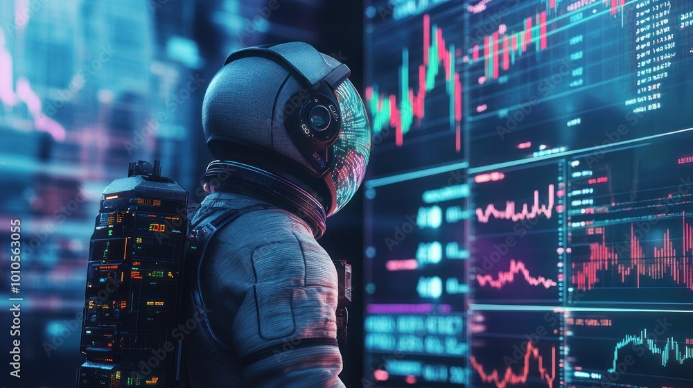 Poster astronaut interfaces with futuristic data screens