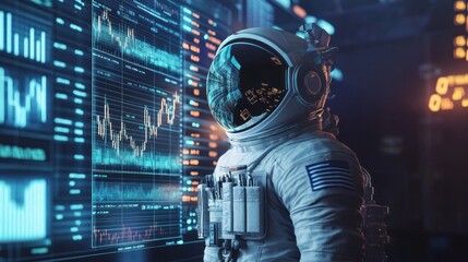 Cosmic explorer analyzing data with digital screens