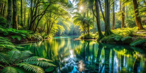 Fototapeta premium Sunlight filtering through verdant foliage illuminates a tranquil stream amidst towering trees and lush vegetation, creating a picturesque scene of natural beauty.
