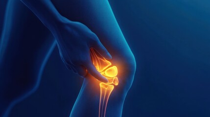 Hands grasping glowing knee joint in intense pain
