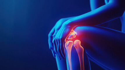 Colorful depiction of knee joint in glowing red shades