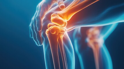 Anatomical view of inflamed knee joint, blue-orange hues