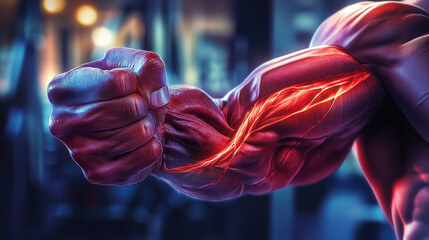 Dynamic clenched fist with glowing red muscles visualized