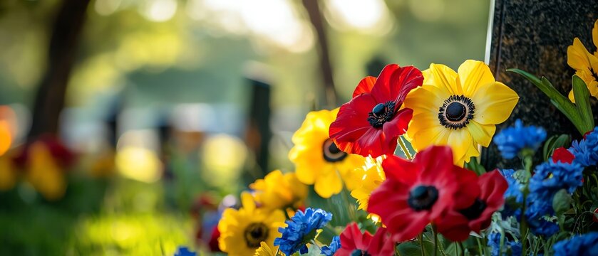 a close-up of flowers placed at a military grave site, vibrant colors and textures, honoring fallen soldiers, no logos or copyright elements present