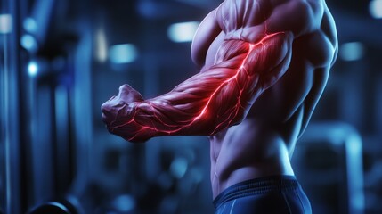 Muscular arm with glowing veins and fibers exposed