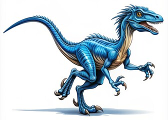 Fototapeta premium Blue Velociraptor Vector Illustration in Dynamic Running Pose with Sharp Claws and Long Tail for Creative Projects and
