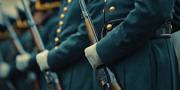 detailed close-up of an honor guard presenting arms at a Veterans Day event, focusing on uniforms and expressions, without any logos or brands visible