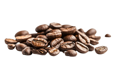 A close-up view of roasted coffee beans on a white isolated background.