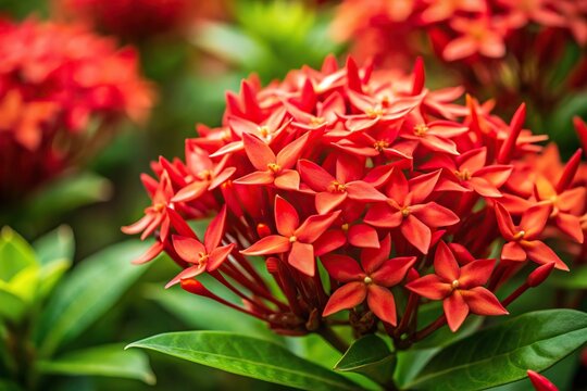 Forced perspective closeup of red ixora flowers blooming