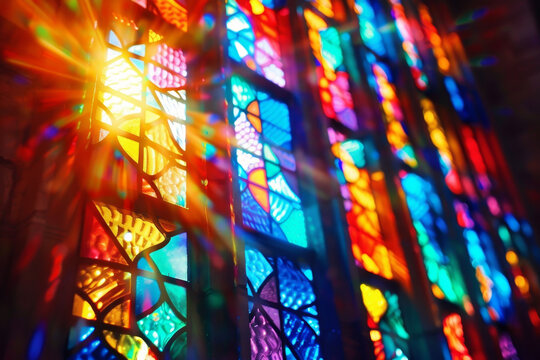 A colorful stained glass window with a bright sun shining through it