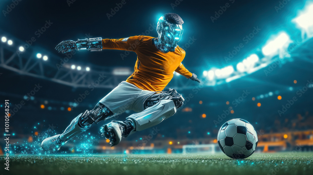 Poster dynamic soccer move by robot on illuminated field