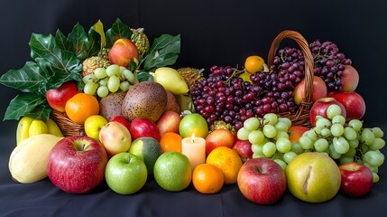 A beautifully arranged Thanksgiving centerpiece featuring autumn harvest elements with seasonal fruits and candles, creating a cozy and warm atmosphere