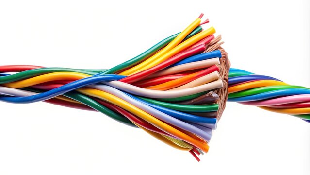Forced perspective colorful broken cable on white background isolated