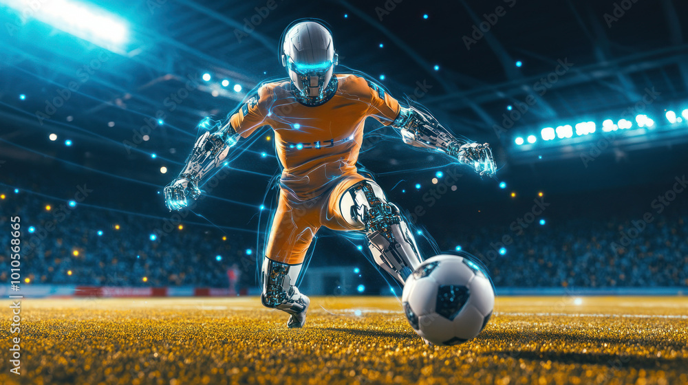 Poster dynamic robot soccer player illuminated in cool tones